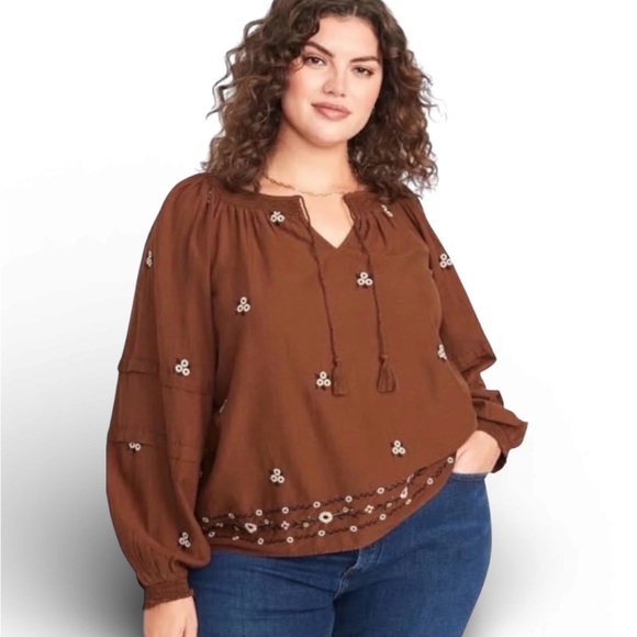 Old Navy Tops - OLD NAVY Floral Embroidered Smocked Tie-Neck Long-Sleeve Blouse XL EUC Boho